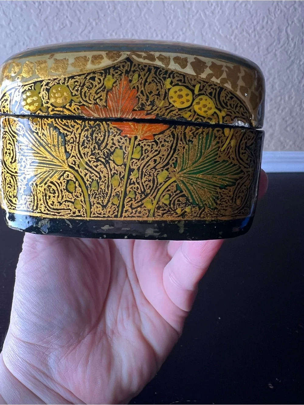 Vintage 1970s Kashmiri Papier Mâché Jewelry Box Domed Lid Gold Floral Trinket